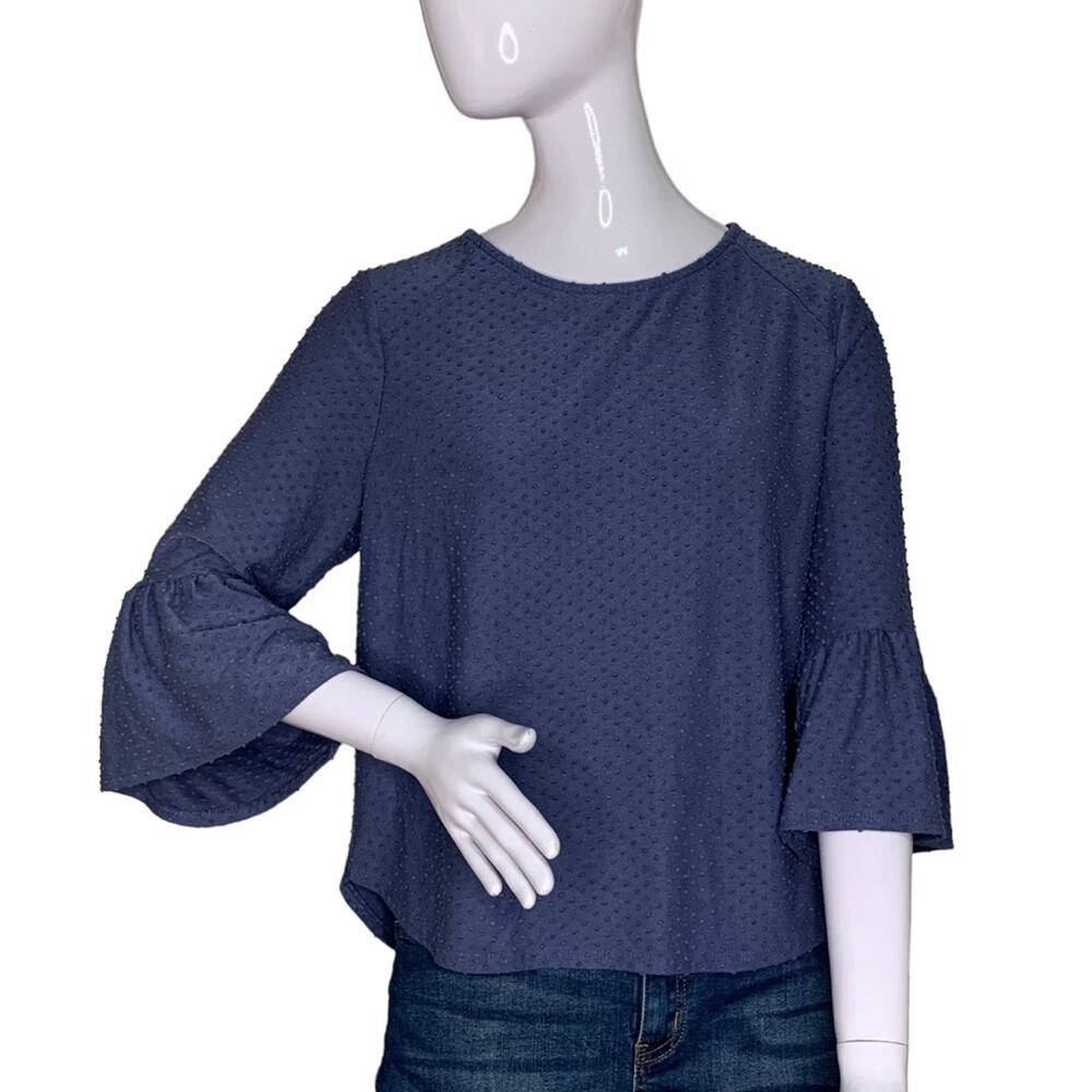 W5 Top Swiss Dot Material Bell Sleeves Blue Funcional Zipper on Back Size M
